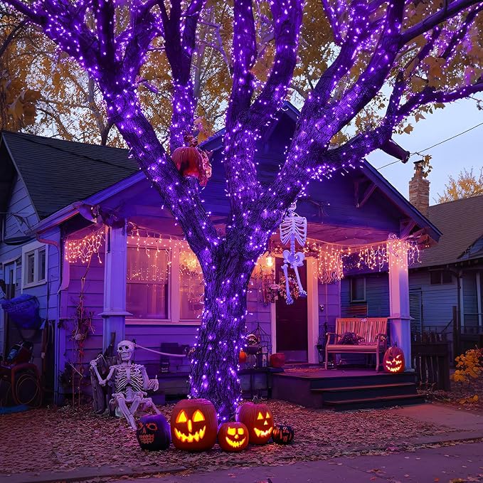 JMEXSUSS 600LED Purple Solar Halloween Lights, 206.7ft Solar String Lights Outdoor Waterproof, 8 Modes Purple Christmas Lights for Outside Yard Patio Tree Garden Xmas Halloween Decor