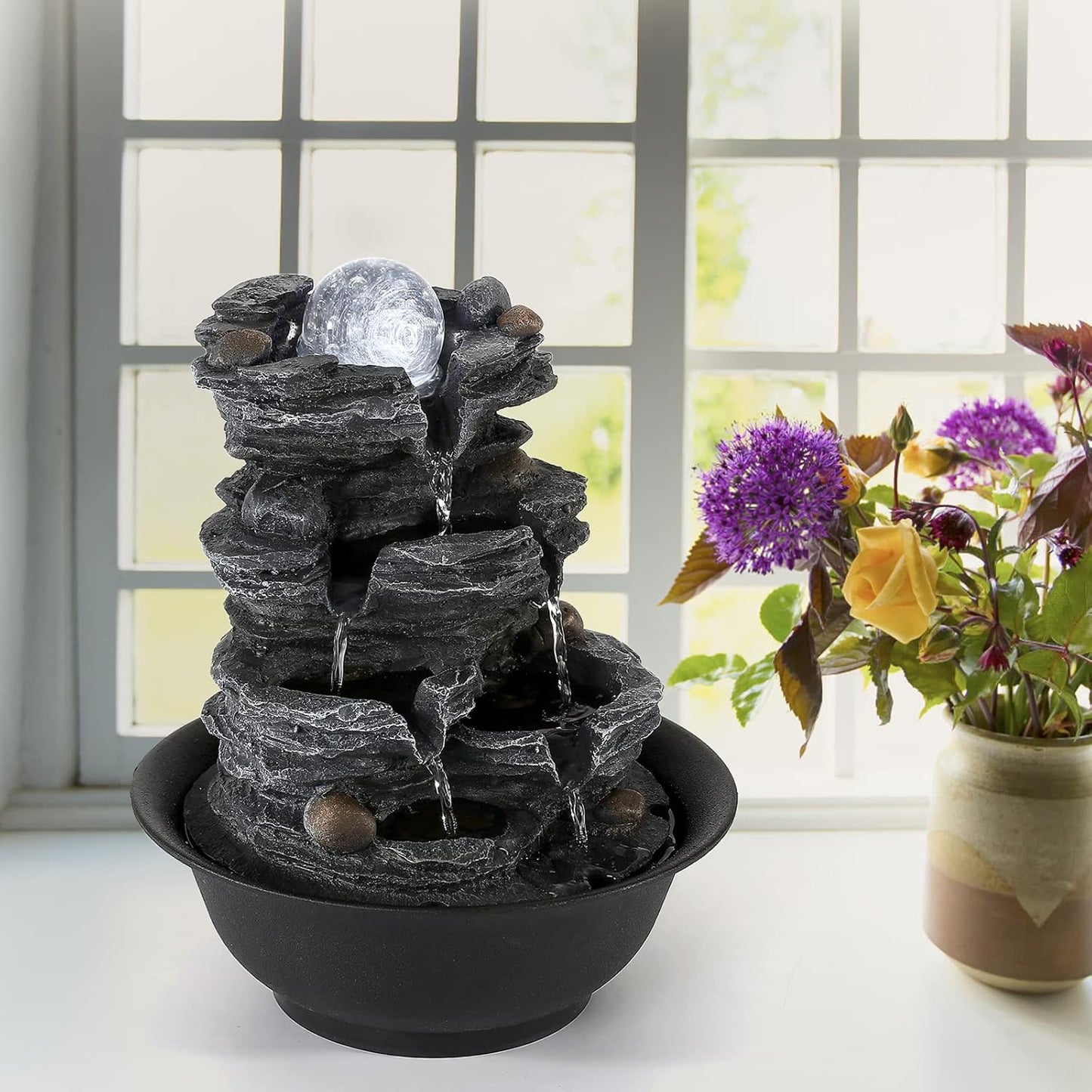 Dyna-Living Tabletop Water Fountain Indoor Waterfalls Fountains with White LED Light Decorative Feng Shui Tabletop Fountain with Automatic Pump