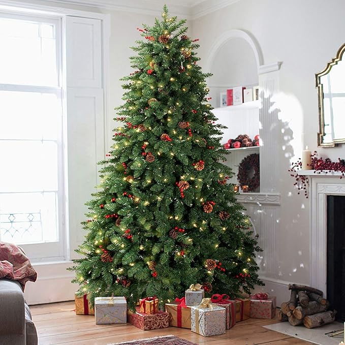 9FT Prelit Christmas Tree, Artificial Christmas Tree Pre-Decorated with Pinecones and Berries (800 Clear Warm Lights and Realistic 2106 Thicken Tips, Sturdy Metal Base)