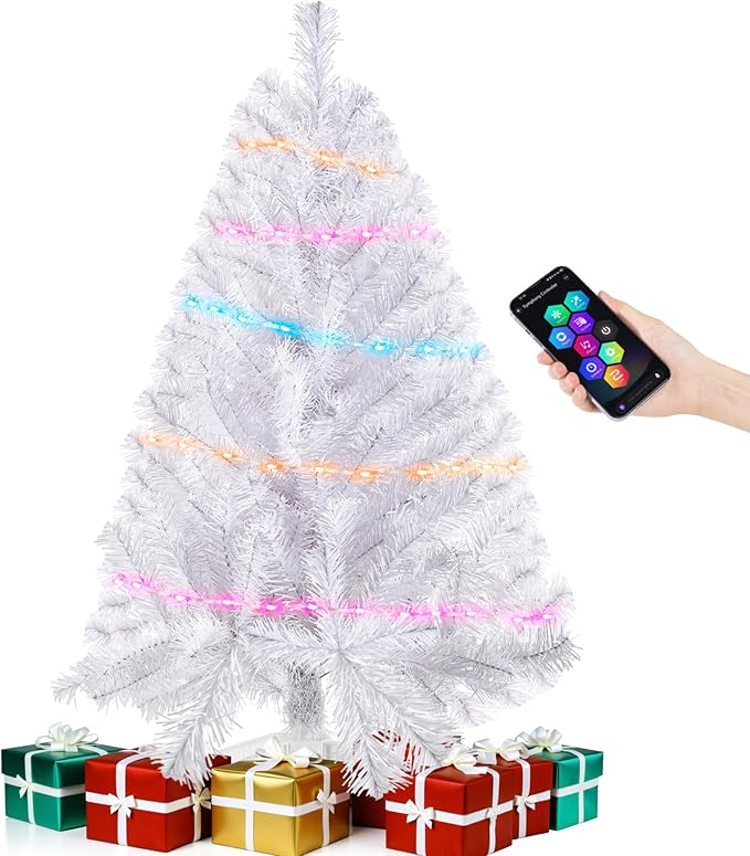 White 3ft Christmas Tree with Lights, Small 36inch Artificial Tree Mini Table Top Decorations, Xmas Desk Tree with 80 Colored Lights, 200 Branch, Holiday Decor for Home,Indoor Office Tabletop