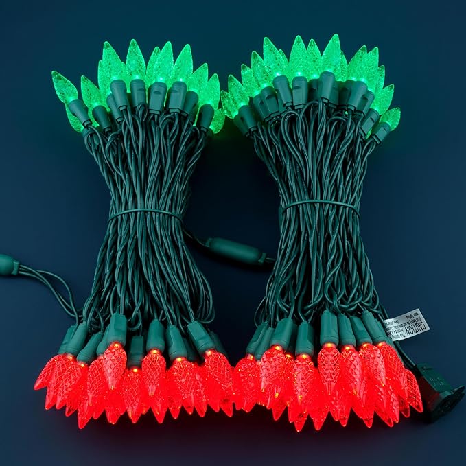 YULETIME Red and Green One-Piece C6 Strawberry Christmas Lights 140 Count 71 Feet, 2 Sets 70 LED 35.5 ft High Waterproof UL Certified String Light (Red & Green)