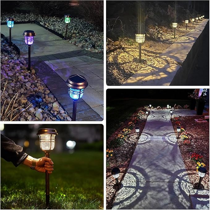 XMCOSY+ Solar Pathway Lights Outdoor Waterproof IP65-2 Lighting Modes Color Changing LED Solar Garden Lights for Yard, Glass Outdoor Lighting for Landscape Walkway Driveway Decor (Warm White & RGB)