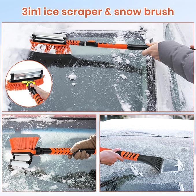 3in1 Snow Brush and Ice Scraper for Car Windshield,58'' Extendable Heavy Duty Snow Broom Vehicle Snow Removal Tool for Car SUV Trucks (58 inch)