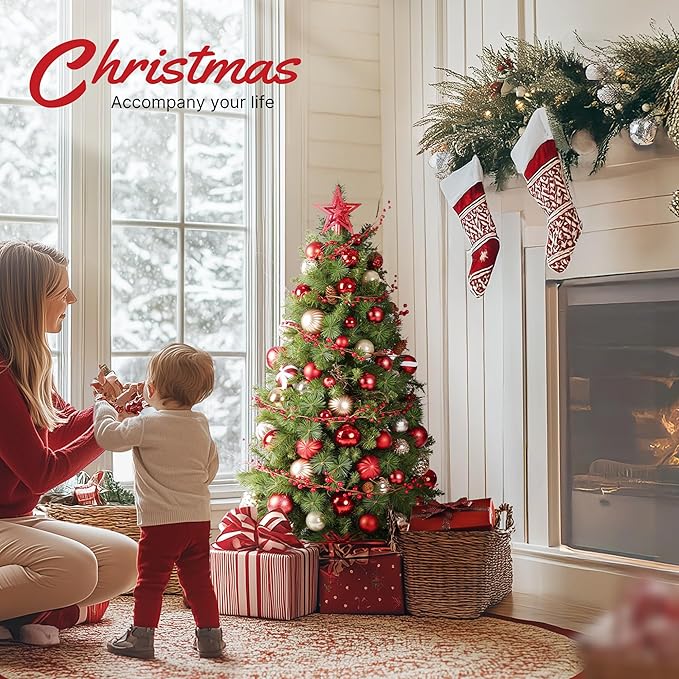 Christmas Tree, 4FT Tabletop Christmas Tree with Cloth Bag Base and LED Light, Pre-Lit Small Artificial Tree with Pine Cones & Red Berries, Christmas Decorative for Outdoor Indoor Porch