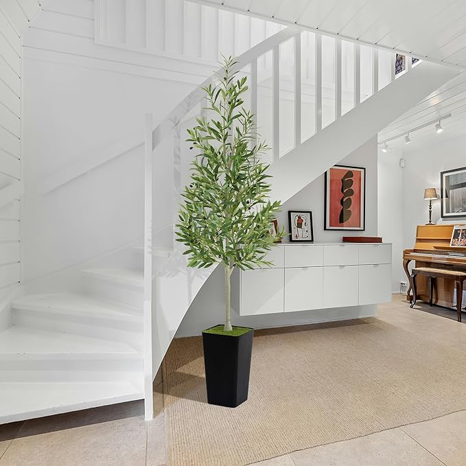 PeoDeco Artificial Faux Olive Tree 6ft Tall Realistic Fake Floor Green Silk House Potted Plants Large for Bedroom Living Room Home Office Decor Indoor Outdoor with Pot