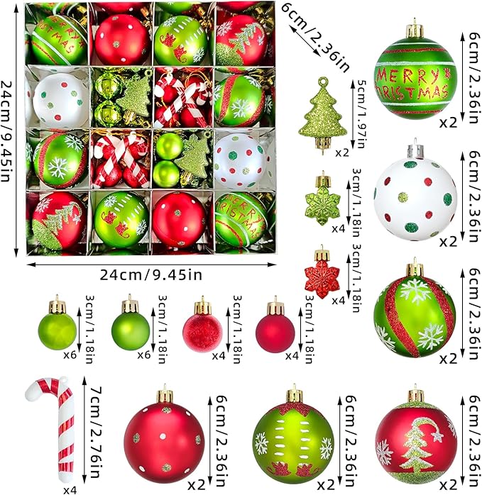 46pcs Christmas Ornaments, Christmas Tree Ornaments, Christmas Tree Decoration Ornaments Xmas Ball for Xmas Tree Holiday Wreath Garland, Red and Green