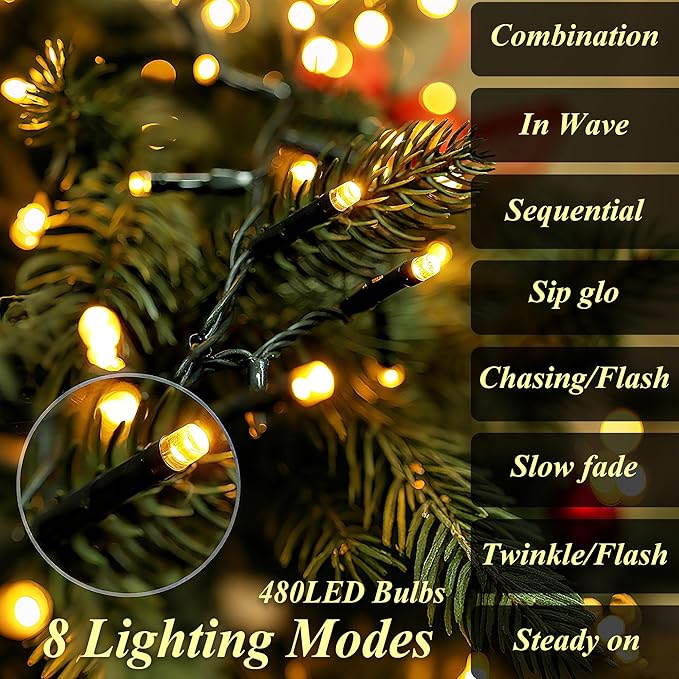 aneeway Christmas Tree Lights 480 LED, Christmas Lights with 8 Light Modes & Memory Function, 9.84FT x 16 String Lights with Timer Function & Remote Control for Christmas Decoration - Warm White