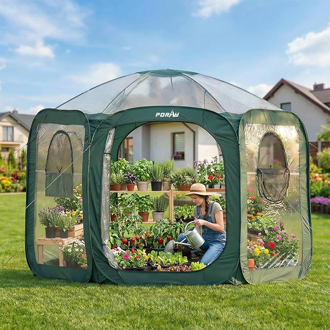 Porayhut Pop up Greenhouse Tent,Portable Large Walk-in Plant House 10’X10’ ,Indoor Outdoor Gardening Plant Sunshine Room with PVC Mesh Cloth Cover for Protecting Plant from Cold Frost & Birds