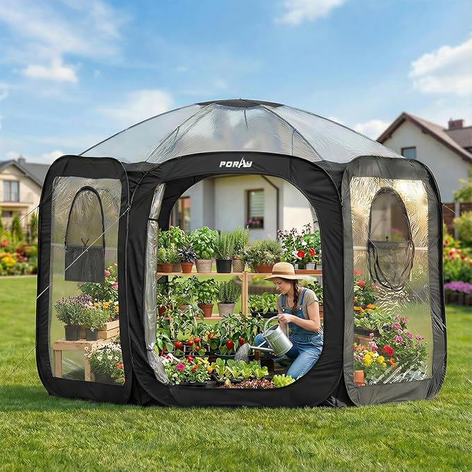 Porayhut Pop Up Greenhouse Tent,Portable Large Walk-in Plant House 10’X10’ ,Indoor Outdoor Gardening Plant Sunshine Room with PVC Mesh Cloth Cover for Protecting Plant from Cold Frost & Birds