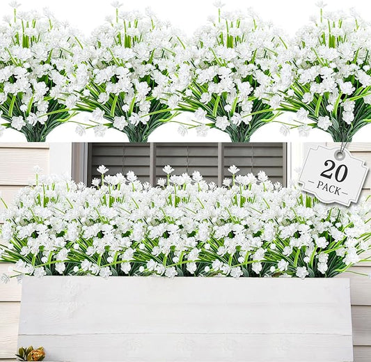 AmyHomie 20 Bundles Artificial Flowers for Outdoor Outside Spring Summer Decoration UV Resistant Faux Flowers No Fade Fake Plastic Plants Garden Porch Window Box Decorating (Pure White)