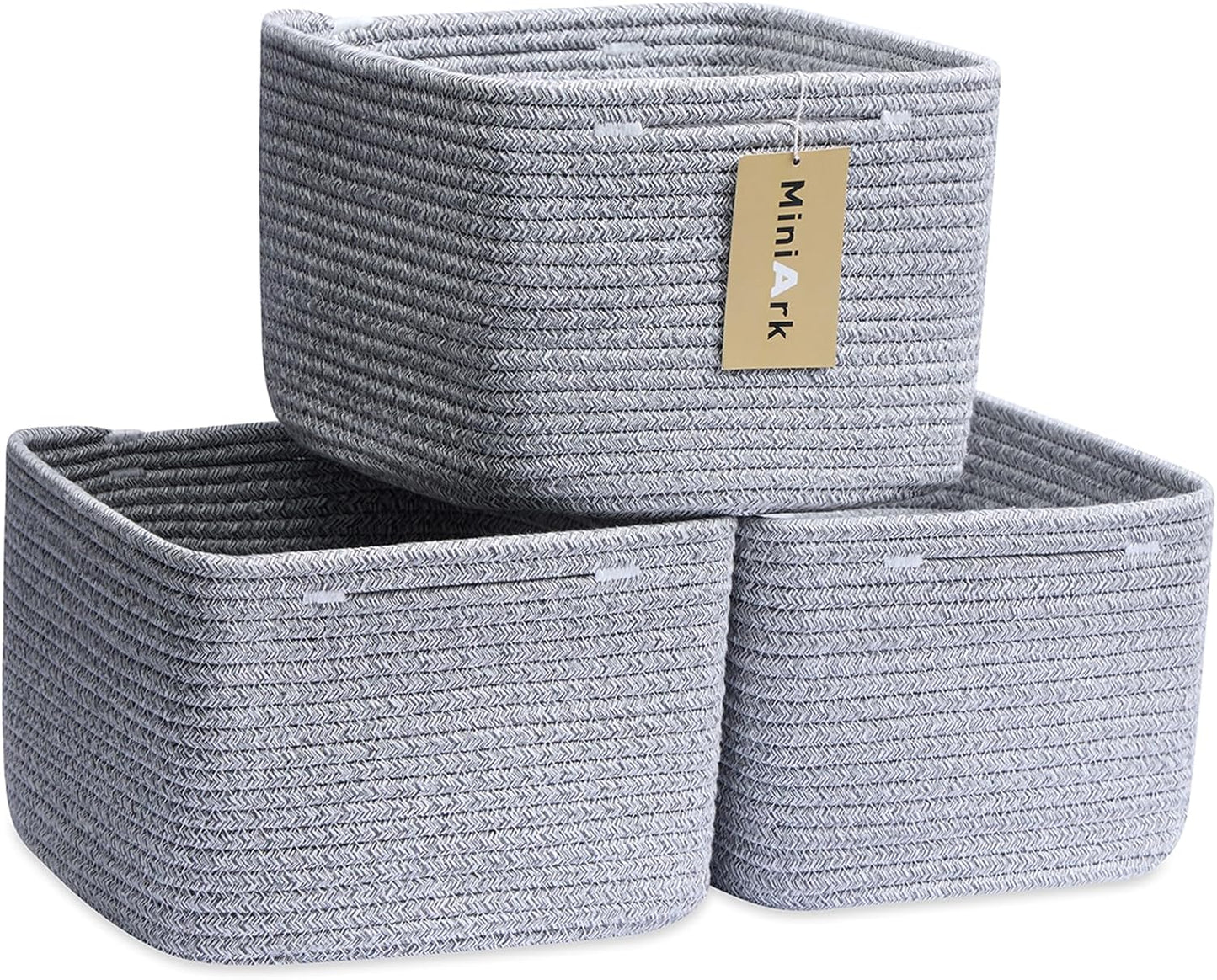 Small Organizing Baskets for Cubes Shelf, 9.7x9.7x7.1 Inch Rope Woven Storage Bins for Nursery Shelves Storage, Cute Toy Basket, Square 3 Packs Mixed Grey