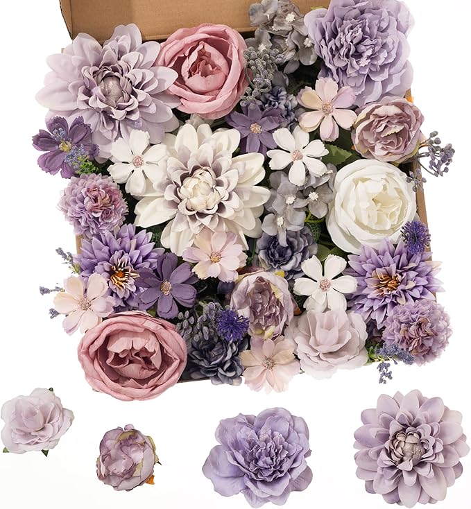 30 Pcs Artificial Flowers Combo Purple Flowers Mix Silk Flowers Dahlia Roses with Stems for DIY Wedding Bridal Bouquets, Baby Shower, Floral Arrangement, Table Centerpieces, Home Decorations