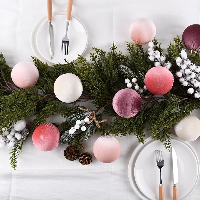 Velvet Christmas Ornaments Balls for Tree - 15pcs Pink Christmas Ornaments Shatterproof for Xmas Decorations - Multicolor Pink & Beige 80mm 3.15inch