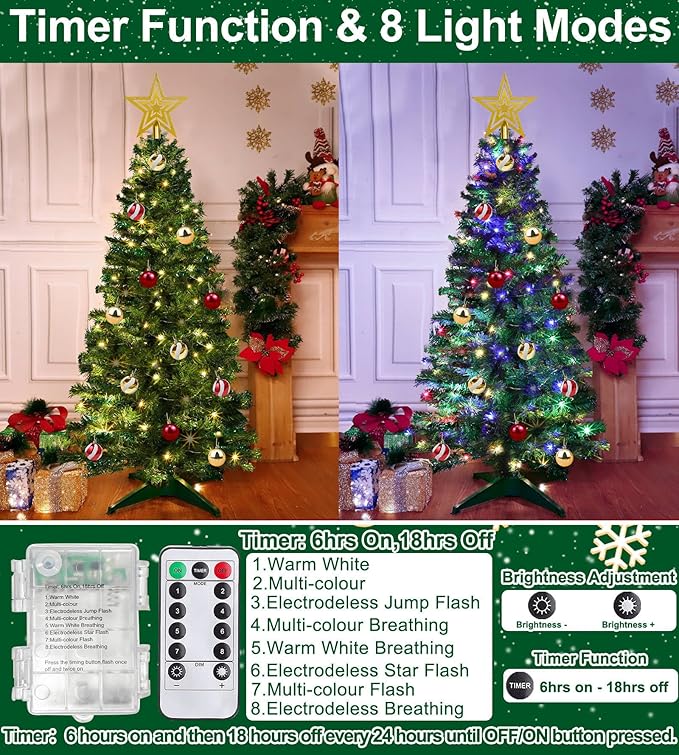 Remote 8 Mode & Timer 4 Ft Christmas Tree with 100 Warm White & Multi Color Change Lights 18 DIY Balls Ornaments 3D Star Battery Operated Small Xmas Tree Table Indoor Holiday Party Decor (Green)