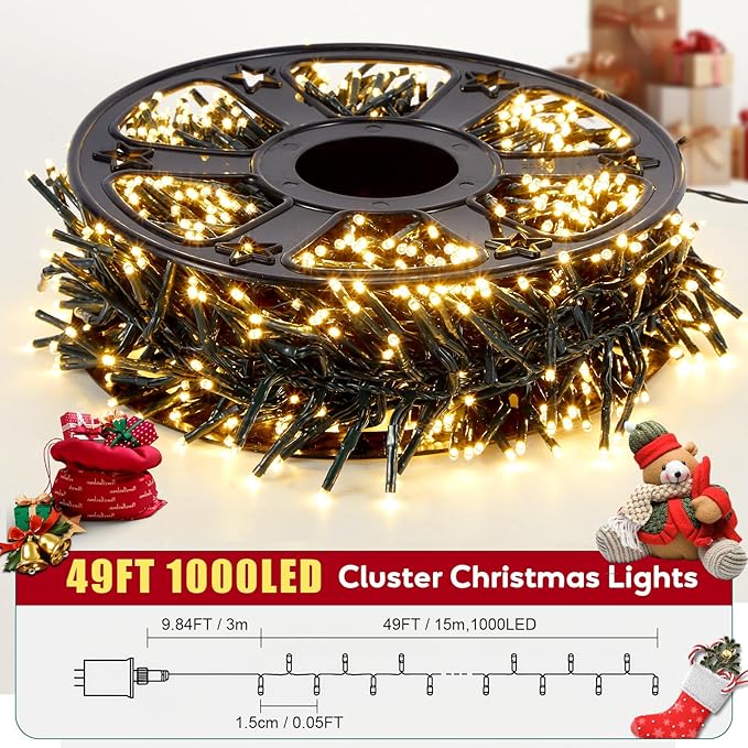 Hishine 49FT 1000LED Christmas Lights Outdoor, String Lights Indoor 8 Modes Waterproof Plug in Christmas Tree Light for Holiday, Warm White