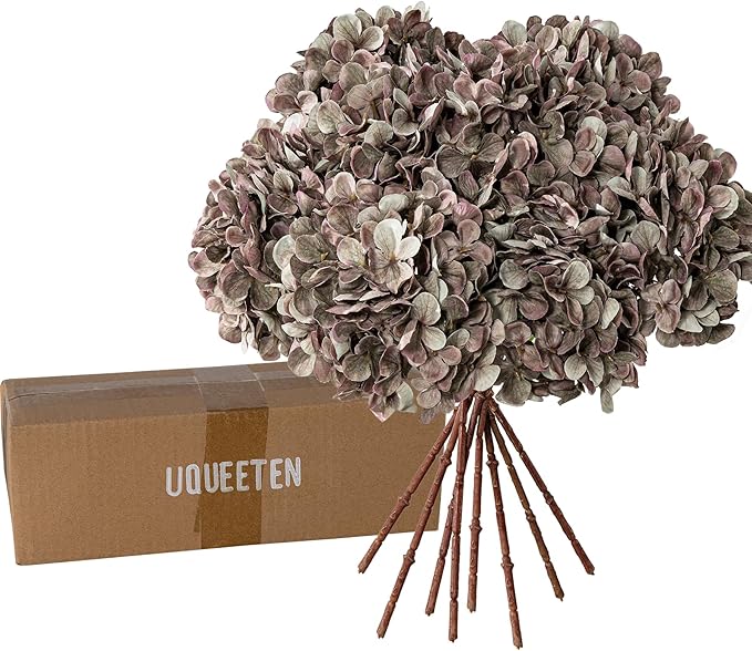 Artificial Flower Fake Silk Hydrangea Heads Bouquet with Stems Bulk for Fall Decoration Table Center Christmas Indoor Outdoor Faux Floral Realistic with Leaves Plants Crafts 8PCS(Brown)