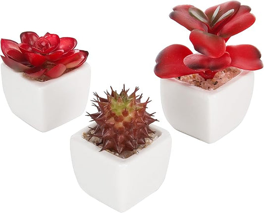 MyGift Assorted Artificial Red Succulent Plants, Mini Fake Desert Plants in White Square Pots, Set of 3