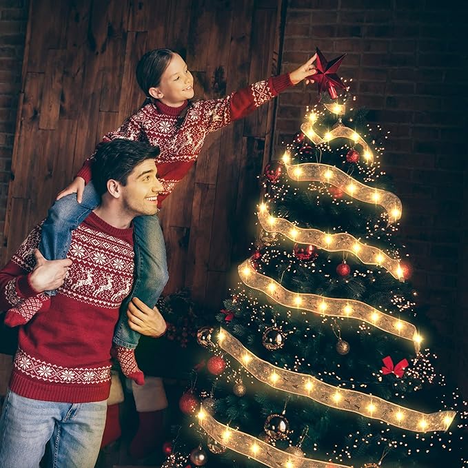 Christmas Decorations, 2.5Inch x 33Ft 100 Led Christmas Tree Ribbon Lights with Remote Control, Battery Operated & USB Powered 8 Lighting Modes Fairy String Lights with Timer for Xmas Decor