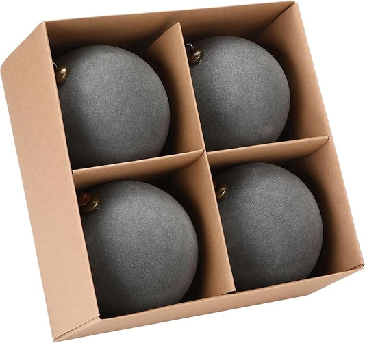 Sea Team 4-Pack Large Flocked Velvet Christmas Tree Ball Ornaments Set, Hanging Velour Baubles, Shatterproof Plastic Decorations for Xmas Tree, Wreath, Garland, 150mm/5.91 Inches, Gray