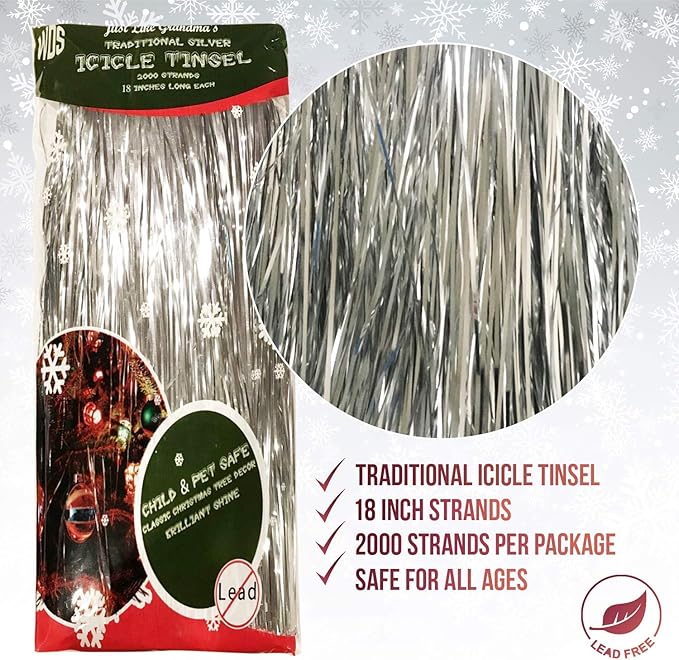 Icicle Tinsel for Christmas Tree Strands - Premium Old-Fashioned Silver Icicles Garland for Xmas Trees Shiny Mylar - Bulk Discounts Available - Kid Pet Safe - Hang with Ornaments & Decor