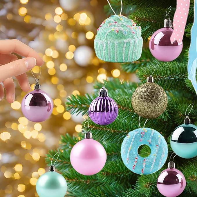 Christmas Tree Decorations Set,Christmas Ball Ornaments Glittering Plastic Hanging Decorations Elf Balls,Large Tree Topper Wreath Bow,Candy Peppermint Wood Ornaments (Macron)
