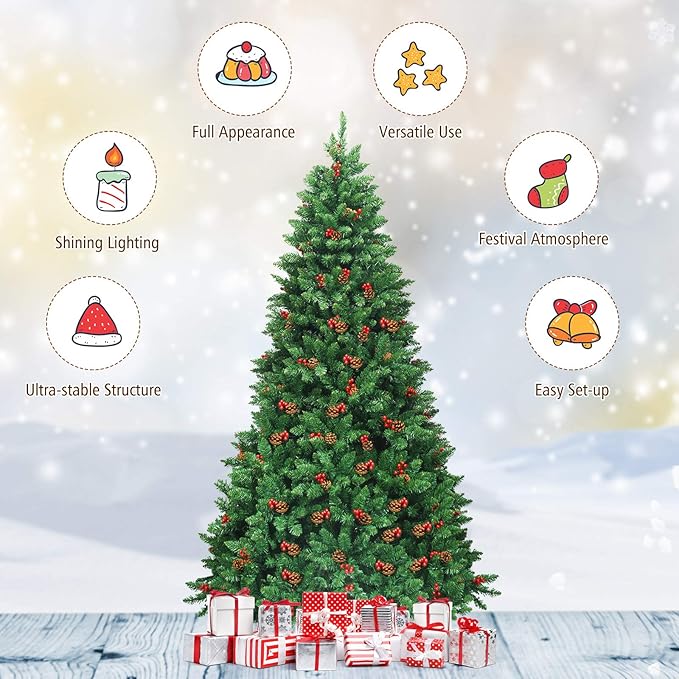 GOFLAME 7.5FT Pre-Lit Christmas Tree with 1526 Branch Tips, Premium PVC Needles, Hinged Artificial Christmas Tree w/Sturdy Metal Stand, Pine Cones and Red Berries for Home, Office, Shops and Hotels