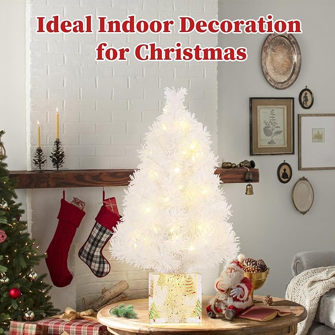 Brightever 2FT Small Christmas Tree, Prelit Mini Christmas Tree with 50 Multi-Color LED Lights, Gold Gift Box Base, Battery Operated Little Xmas Tree for Table Top, White