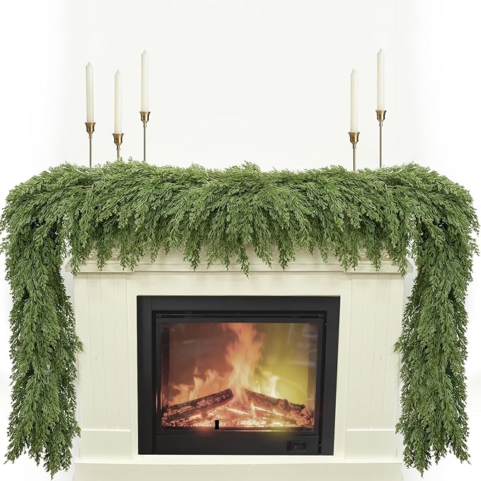 9FT Christmas Garland, Real Touch Cypress Pine Garlands, Green Artificial Cedar Garland Christmas Decorations for Home, Dining Table Mantel Porch Wall Stairs Winter Xmas Decor