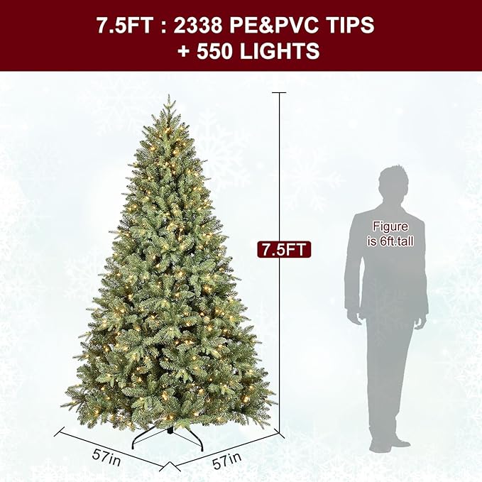 7.5 FT Prelit Christmas Tree with 550 Warm White Lights, 2359 PE&PVC Mixed Branch Tips, Hinged Premium Spruce Artificial Xmas Trees, Green, Foldable Base
