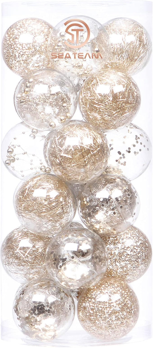 Sea Team 70mm/2.76" Shatterproof Clear Plastic Christmas Tree Ball Ornaments Set, Decorative Hanging Transparent Xmas Baubles with Stuffed Delicate Decorations (24 Counts, Champagne)