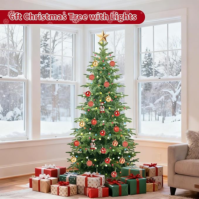 6ft Prelit Christmas Tree, Aspen Fir Artificial Christmas Tree with 210 Multicolor ETL Lights and Metal Stand, 8 Mode，PE & PVC Mixed Layered Xmas Tree for Holiday Home Decororation