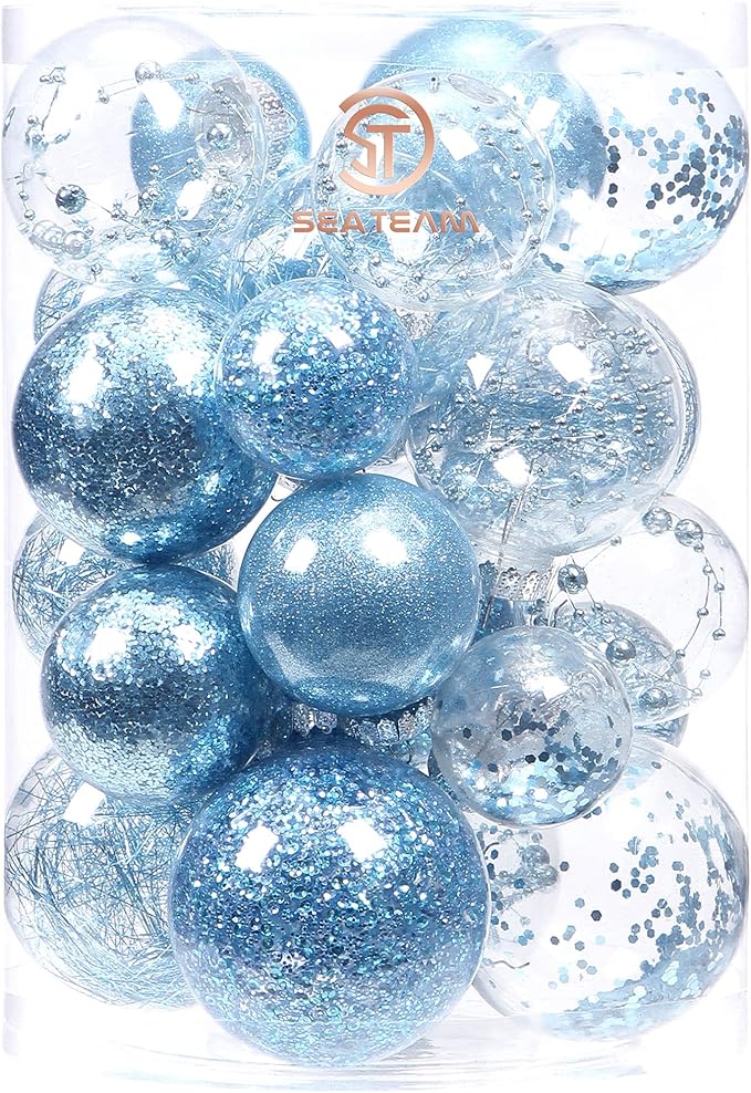 Sea Team Christmas Baubles Set Clear Plastic Shatterproof Multi-Size Decorative Christmas Baubles with Stuffed Delicate Decorations (25 Pieces, Babyblue)