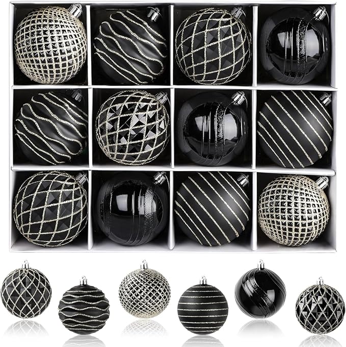 SHareconn 80mm Christmas Balls Ornaments,12PCS Colored Shatterproof Plastic Decorative Hanging Tree Decorations Baubles Set for Xmas Tree Decor Holiday Party Wedding Decoration with Lanyard,Black&Gold