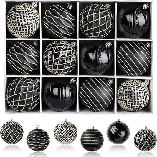 SHareconn 80mm Christmas Balls Ornaments,12PCS Colored Shatterproof Plastic Decorative Hanging Tree Decorations Baubles Set for Xmas Tree Decor Holiday Party Wedding Decoration with Lanyard,Black&Gold