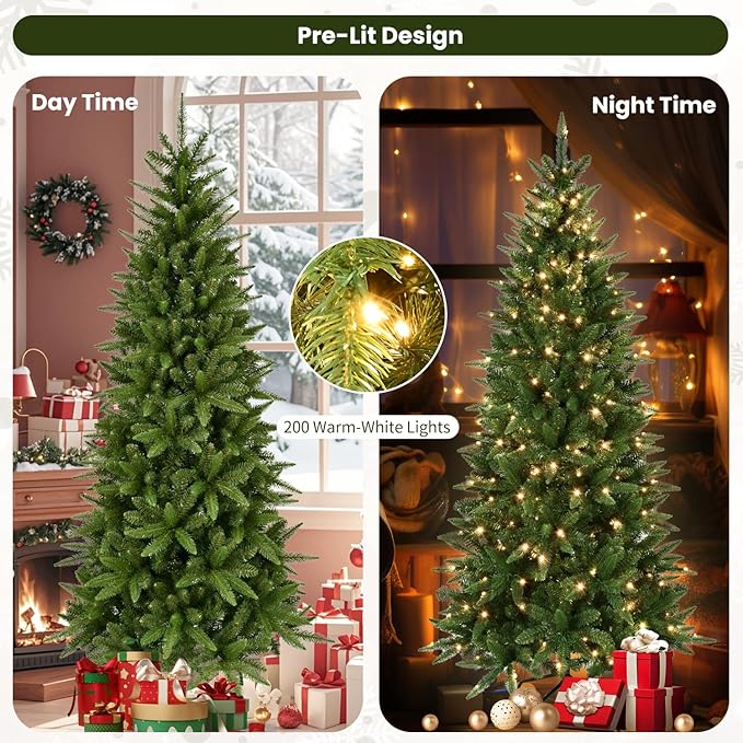 5ft Pre-Lit Artificial Pencil Green Christmas Tree with Warm White 200 LED Lights, Hinged Realistic Slim Xmas Tree w/Sturdy Metal Stand, 610 Tips for Home, Office, Party Decoration