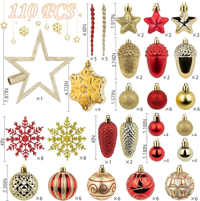 110Pcs Christmas Ball Ornaments Set, Assorted Red and Gold Christmas Ornaments for Xmas Tree, Shatterproof Plastic Baubles Hanging Decorations for Holiday/Party/Wedding