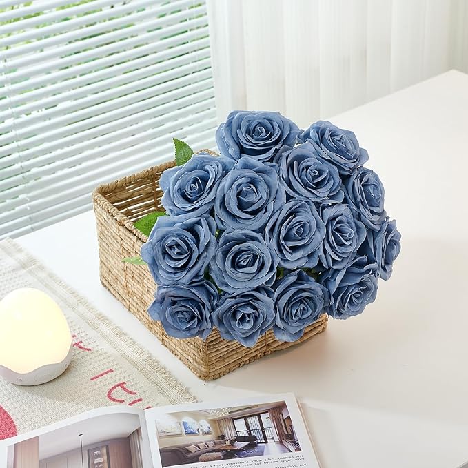50Pcs Dusty Blue Roses Artificial Flowers Artificial Silk Roses Bulk,Fake Roses Flower with Stems Realistic Flowers for Wedding Centerpiece Home Party Decor