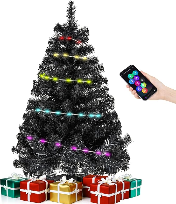 Black 3ft Christmas Tree with Lights, Small 36inch Artificial Tree Mini Table Top Decorations, Xmas Desk Tree with 80 Colored Lights, 200 Branch, Holiday Decor for Home,Indoor Office Tabletop