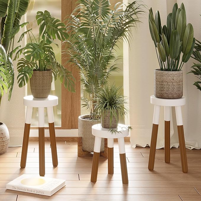 Reverse Dipped Wood Plant Stand, Wood Accent Stool,Milking Stool Set (16" H x 12" D+18" H x 12" D)