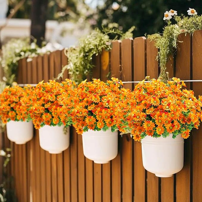 10pcs Outdoors Artificial Mum Flowers UV Resistant Daisy Fake Silk Chrysanthemum Greenery Faux Eucalyptus Plants for Spring Summer Garden Patio Window Box Planter Home Decor(Orange)
