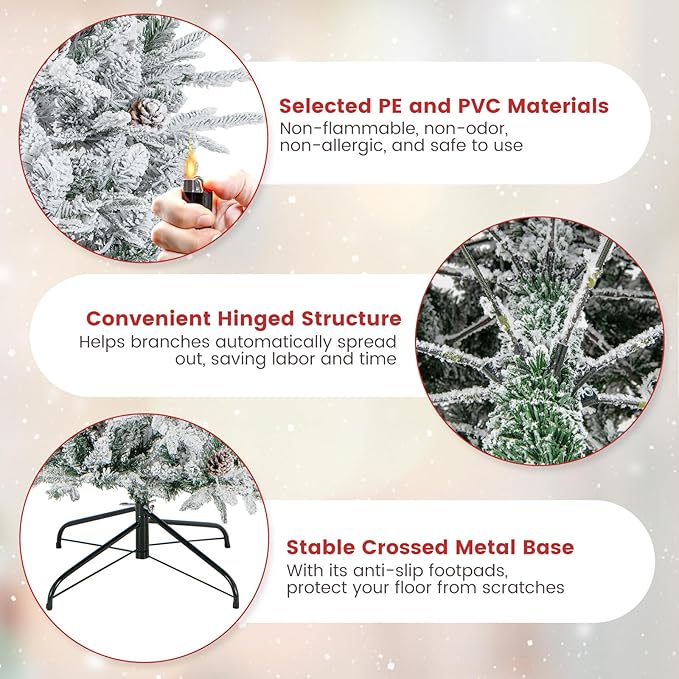 Goplus 6ft Pre-Lit Snow Flocked Christmas Tree, Artificial Hinged Xmas Tree with 210 Warm-White Incandescent Lights, 715 Branch Tips, Natural Pinecones, Metal Stand, for Holiday Office Home Decor