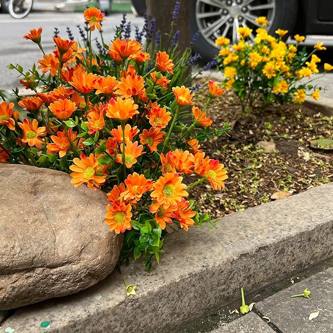 Fake Mums - Fall Marigold Flowers 8 Bundles Artificial Orange Daisy Flower Outside Plants for Home, Diwali Decor, Day of The Dead Decorations (Orange)