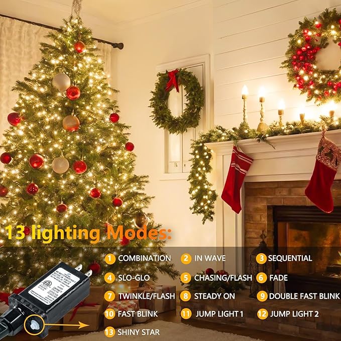 Connectable 200 LED Christmas Lights Indoor Outdoor with Timer, 66FT 13 Modes Warm White String Lights Waterproof, Twinkle Fairy Lights Plug in Clear Wire for Christmas Tree, Bedroom, Classroom Decor