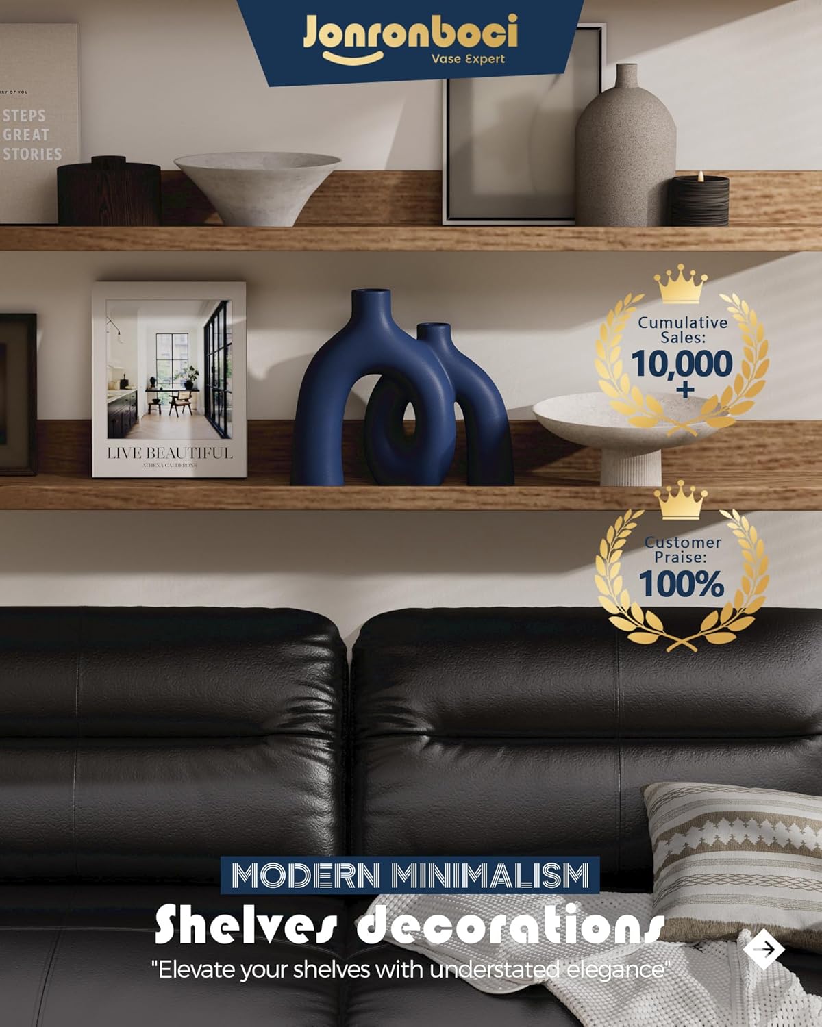 Hug Donut Decorative Vase Set - Navy Blue Vase, Modern Coastal Style Vases Home Decor, Matte Ceramic Decorations for Living Room Shelf, Bookshelf Mantle Entryway Table or Console Décor (Navy Blue)