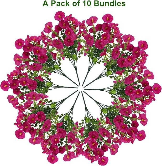 10 Bundles Artificial Flowers for Outdoor,UV Resistant Fake Petunia Flowers,Faux Plants for Outside Hanging Planters,Artificial Plants for Indoor Porch Garden Home Wedding Decor(Fuchsia)