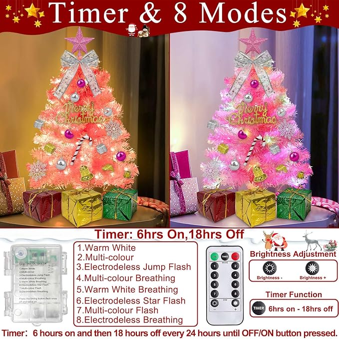 Dual Color Change&Remote Control-24 Inch/2FT Pink Small Christmas Tree with Lights Timer,Warm White&Colored Changing Lights Orantments Gift Boxes 8 Modes Mini Tabletop Christmas Tree Indoor Home Decor