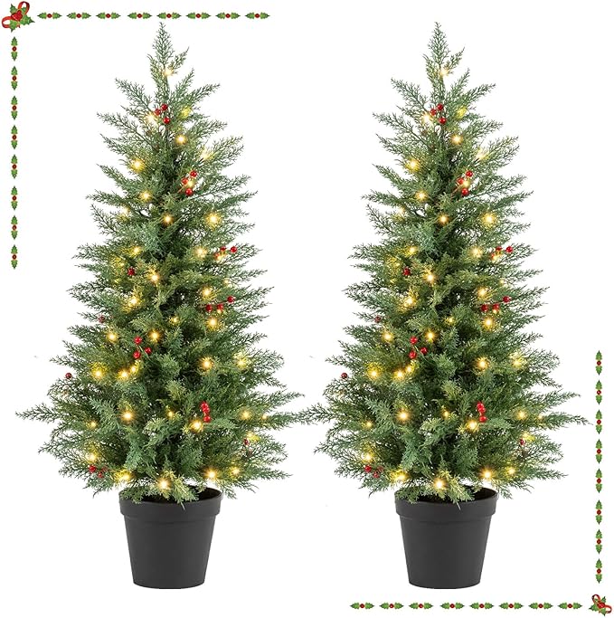 Happygrill 2 Pack 4 FT Pre-lit Cypress Christmas Trees, Potted Entrance Xmas Trees w/70 Warm White LED Lights, Timer, Red Berries, Battery-Operated Artificial Cypress Tree for Front Porch & Holiday