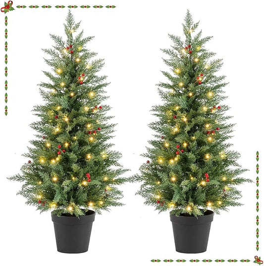 Happygrill 2 Pack 4 FT Pre-lit Cypress Christmas Trees, Potted Entrance Xmas Trees w/70 Warm White LED Lights, Timer, Red Berries, Battery-Operated Artificial Cypress Tree for Front Porch & Holiday