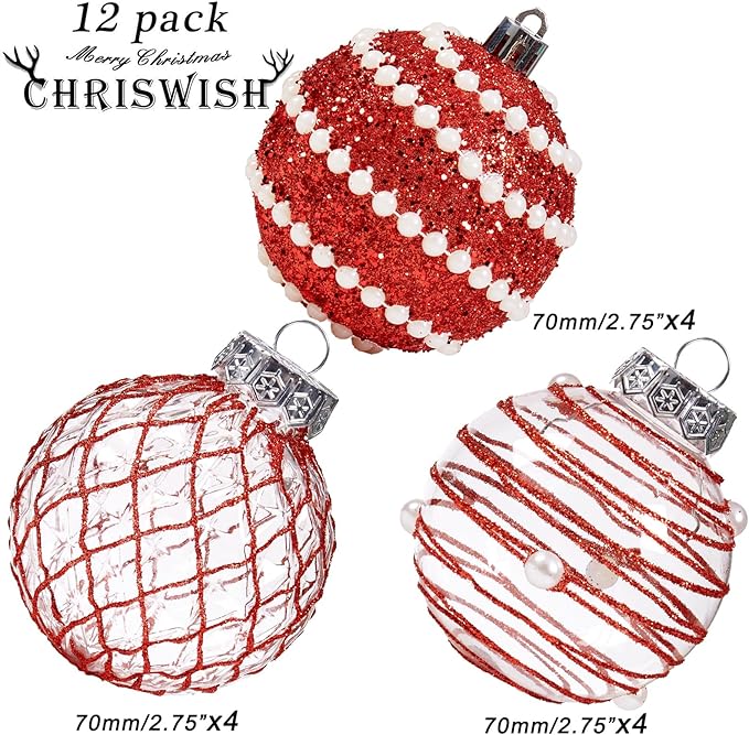 12CT Christmas Ball Ornaments Red Shatterproof Clear Large Plastic Christmas Tree Decoration, Delicate Hanging Ornaments for Xmas Party, Wedding, Holiday and Home Décor(70mm/2.76")