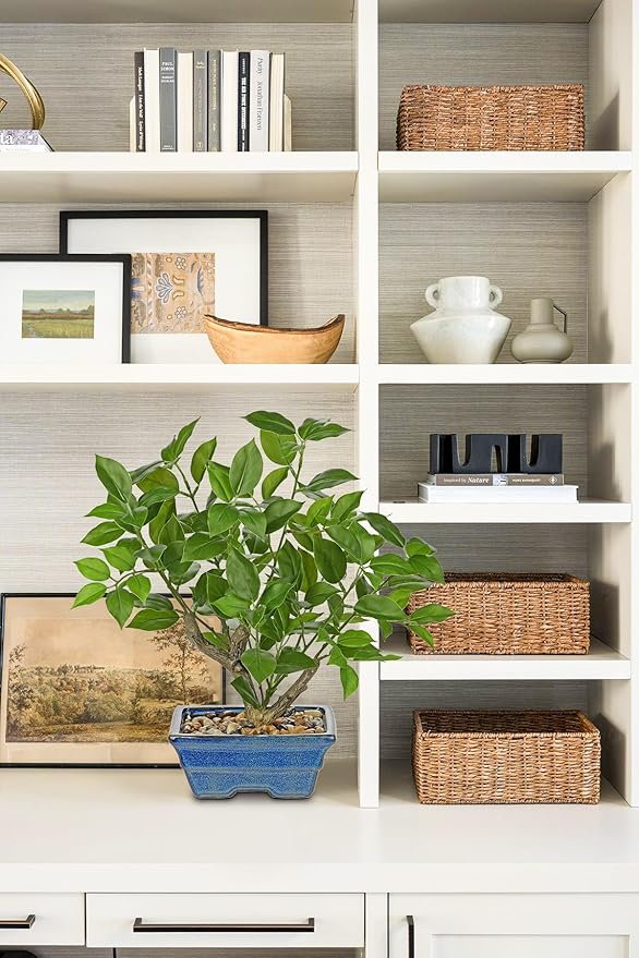 Fake Plants Small Artificial Plants Indoor 15.3" Fake Potted Plants Realistic Faux House Topiary Plants with Blue Ceramic Pot for Home Office Bathroom Kitchen Farmhouse Table Centerpieces Shelf Decor